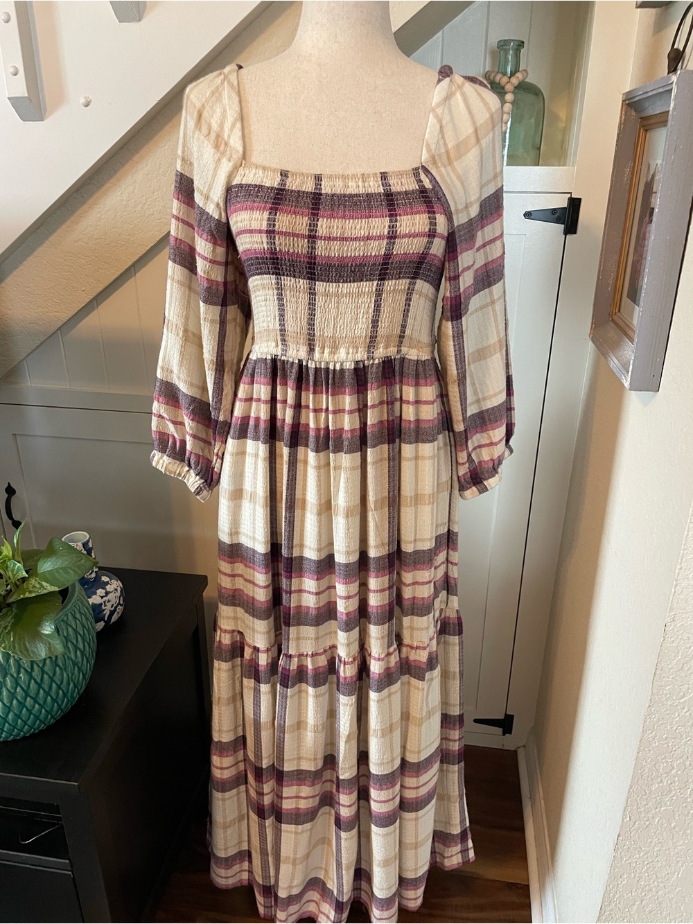 Marine Layer Cream and Rose Plaid Maxi Dress CottageCore